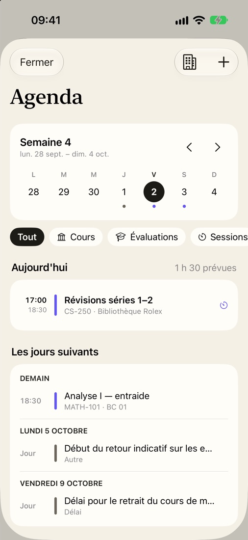 L'agenda de la semaine 4 : horaire, sessions et délais.