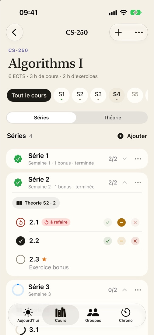 Le cours Algorithms I : les séries, exercice par exercice.