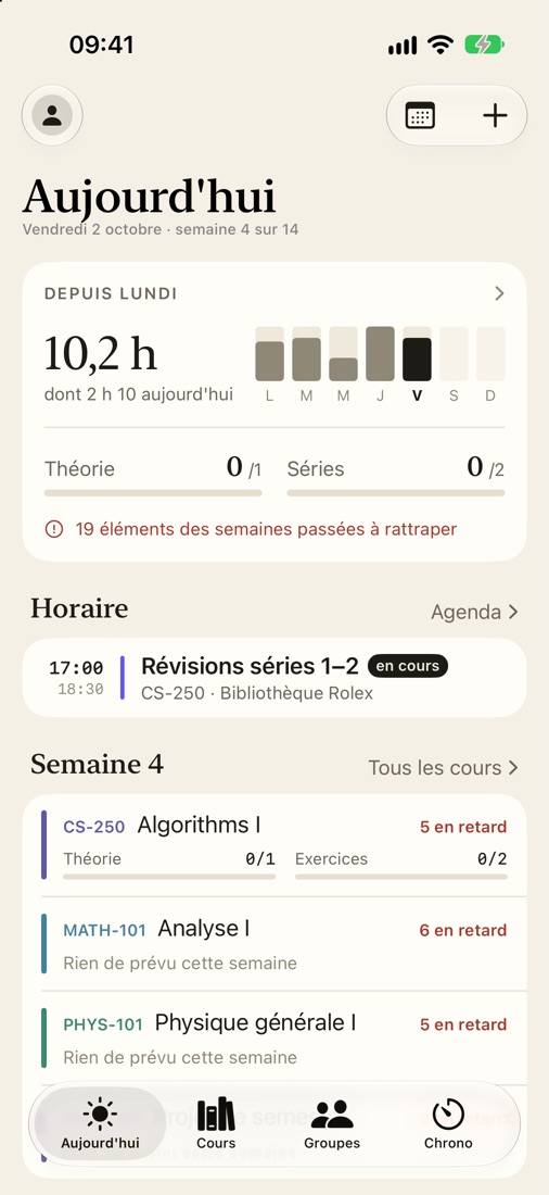 L'écran Aujourd'hui : les heures de la semaine, l'horaire, les cours de la semaine 4.